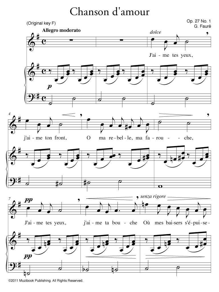 Chanson d'amour - Piano et Chant, Voix Haute - Gabriel Fauré (EAN13 :  3700681101214)