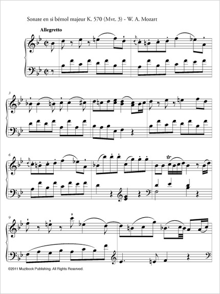 Sonate en si bémol majeur K 570 Mvnt 3 - Allegretto - Wolfgang Amadeus Mozart - Muzibook Publishing
