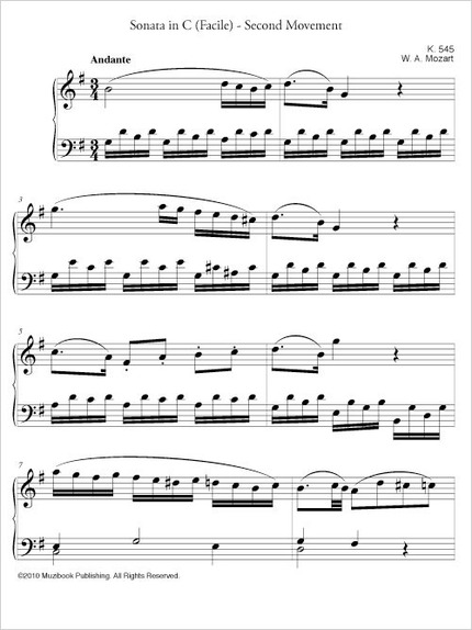 Sonate en do majeur (Facile) K 545 Mvnt 2 - Andante - Wolfgang Amadeus Mozart - Muzibook Publishing